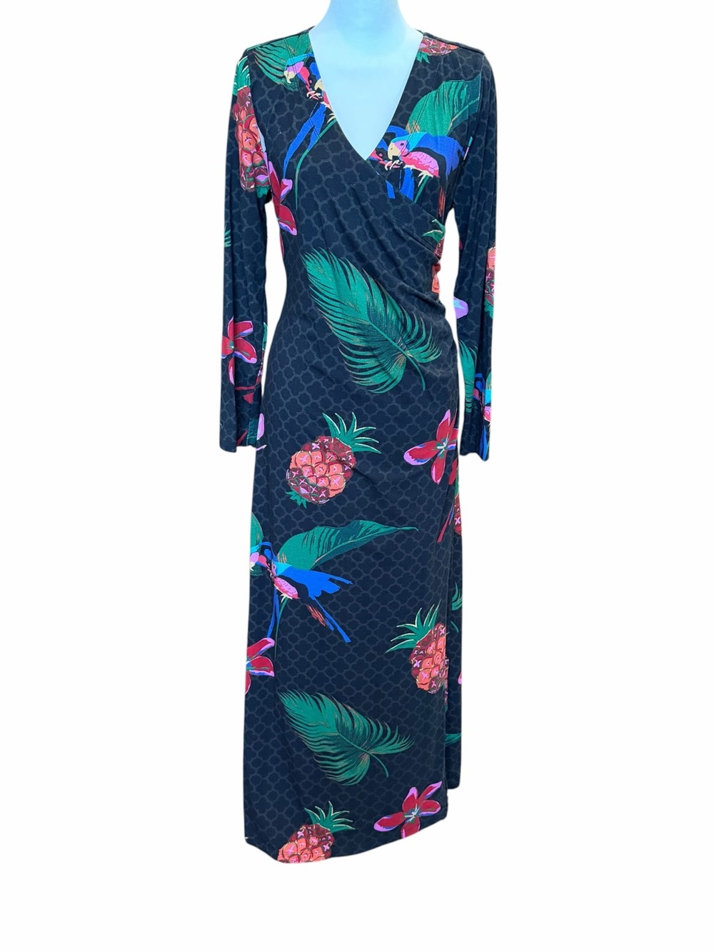 Soft Surroundings Maxi Dress Size Large Black Tropical Print Faux Wrap V-Neck